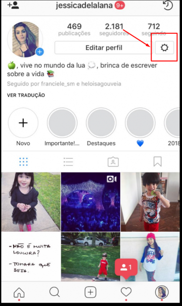Perfil comercial Instagram - Passo 1: Vá até o seu perfil e clique na engrenagem