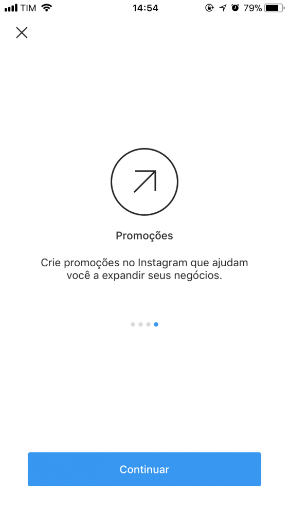 Perfil comercial Instagram - Leia e clique no botão "Continuar" para avançar para ir para a mensagem seguinte